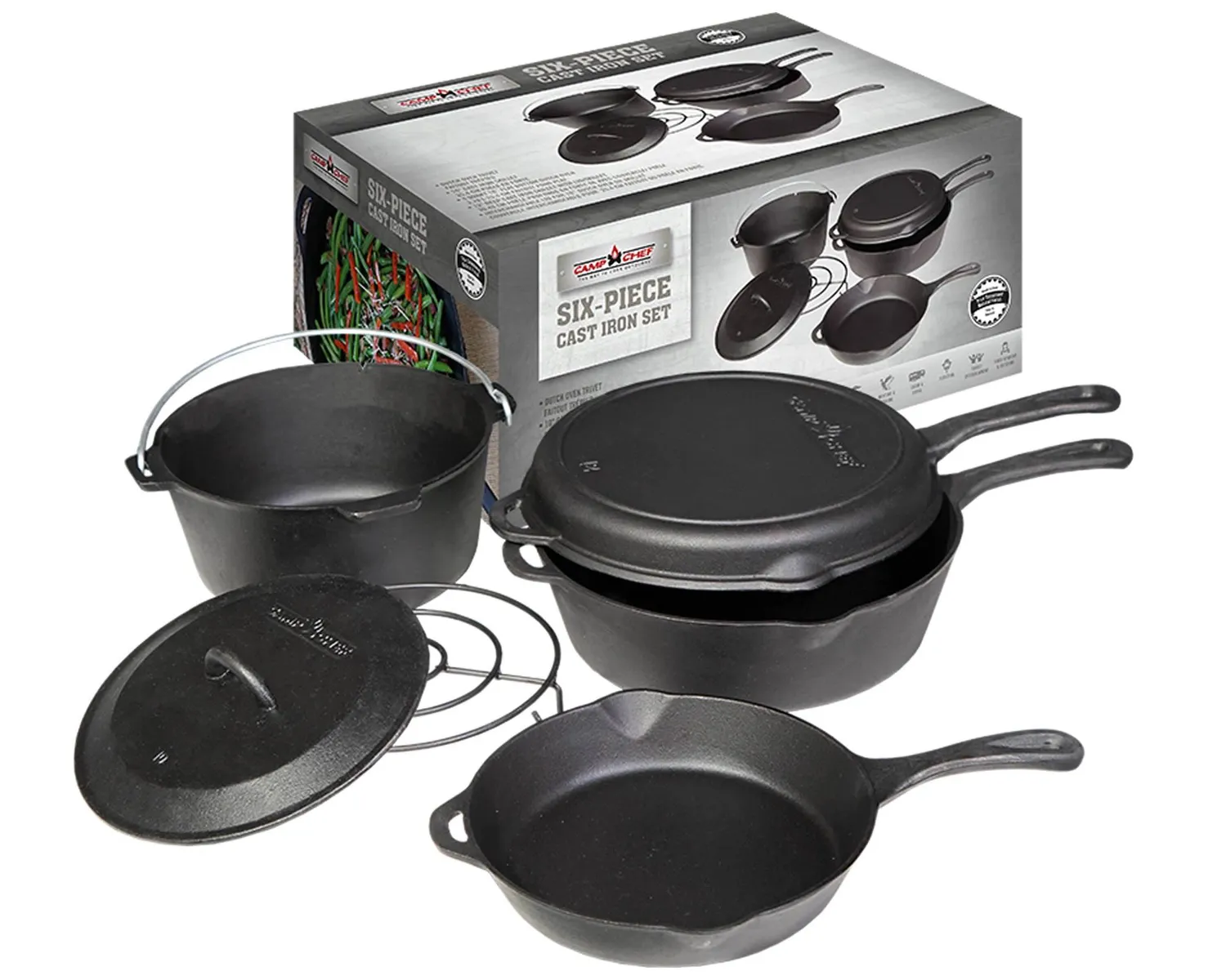 Camp Chef 6-Piece Cast Iron Set støpejernssett 6 deler ferdig innbrent