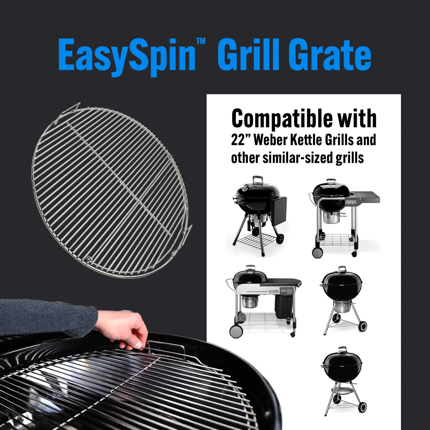 SnS Grills EasySpin 22-tommers grillrist i rustfritt stål