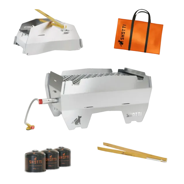 SKOTTI STARTER BUNDLE grillpakke med grill, lokk og 3 gassbeholdere