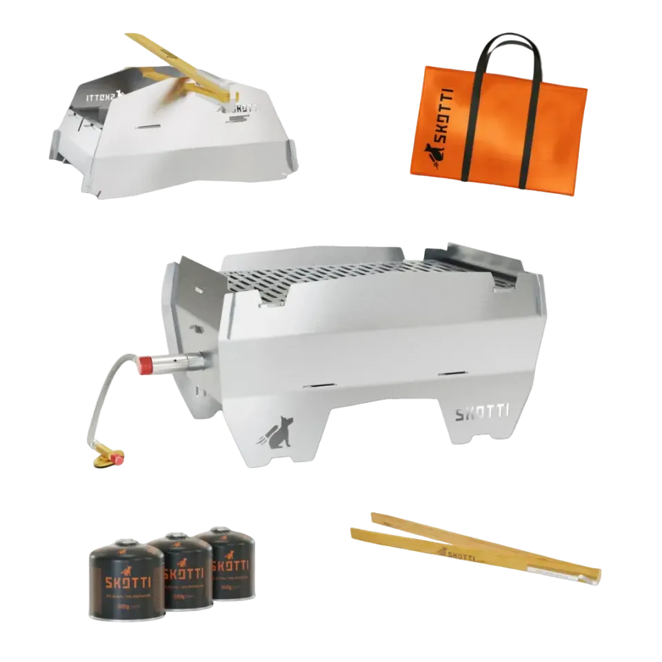 SKOTTI STARTER BUNDLE grillpakke med grill, lokk og 3 gassbeholdere